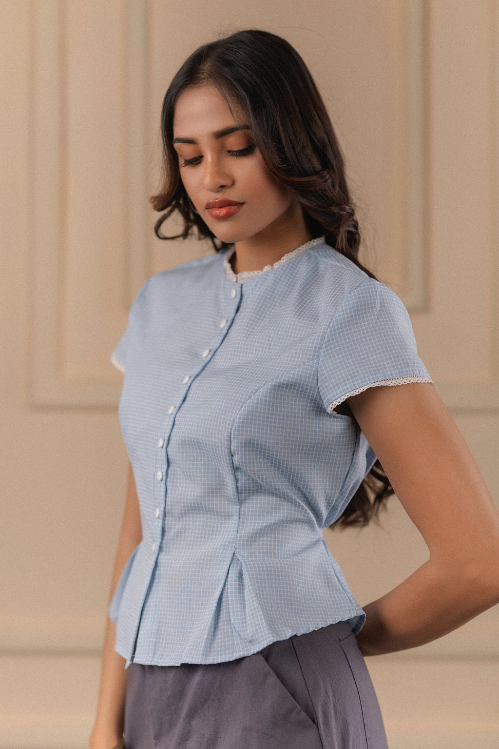 Lace-Trim Checked Top