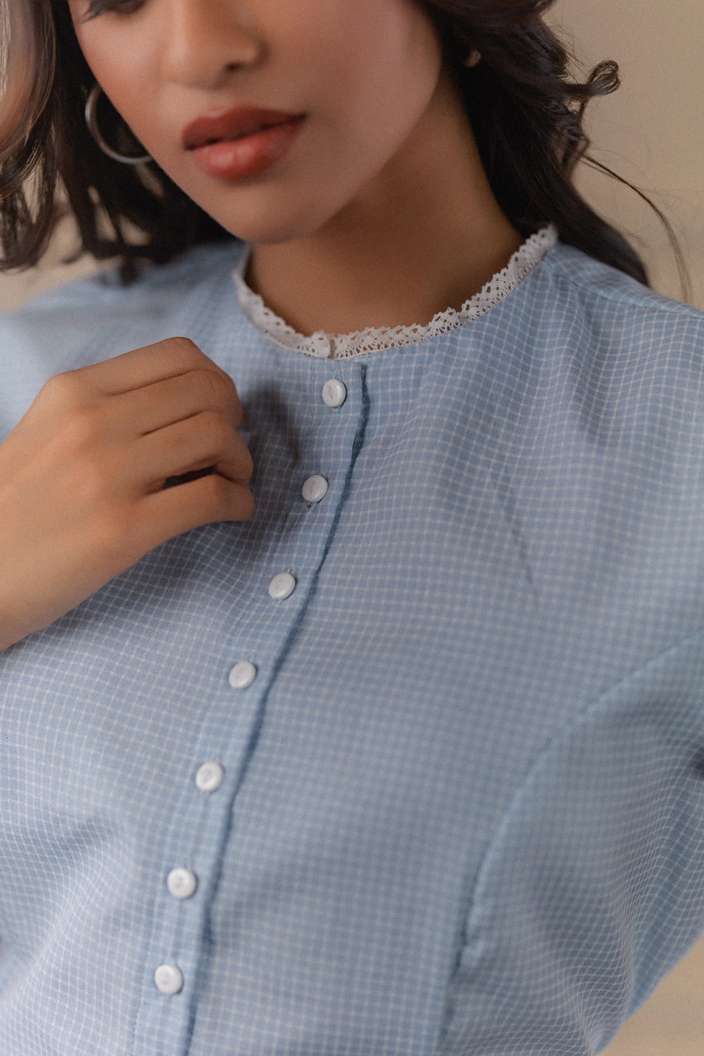 Lace-Trim Checked Top