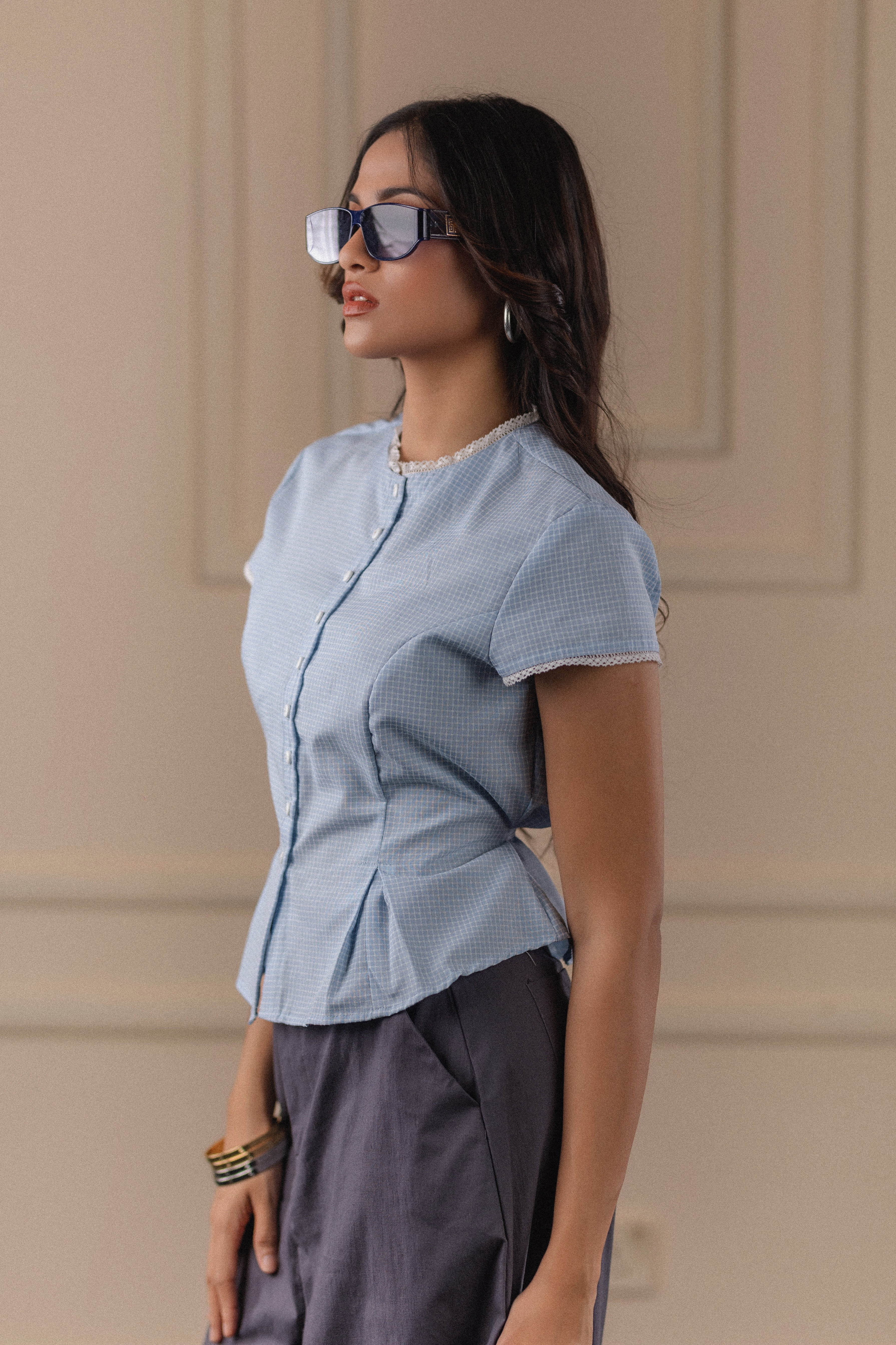 Lace-Trim Checked Top
