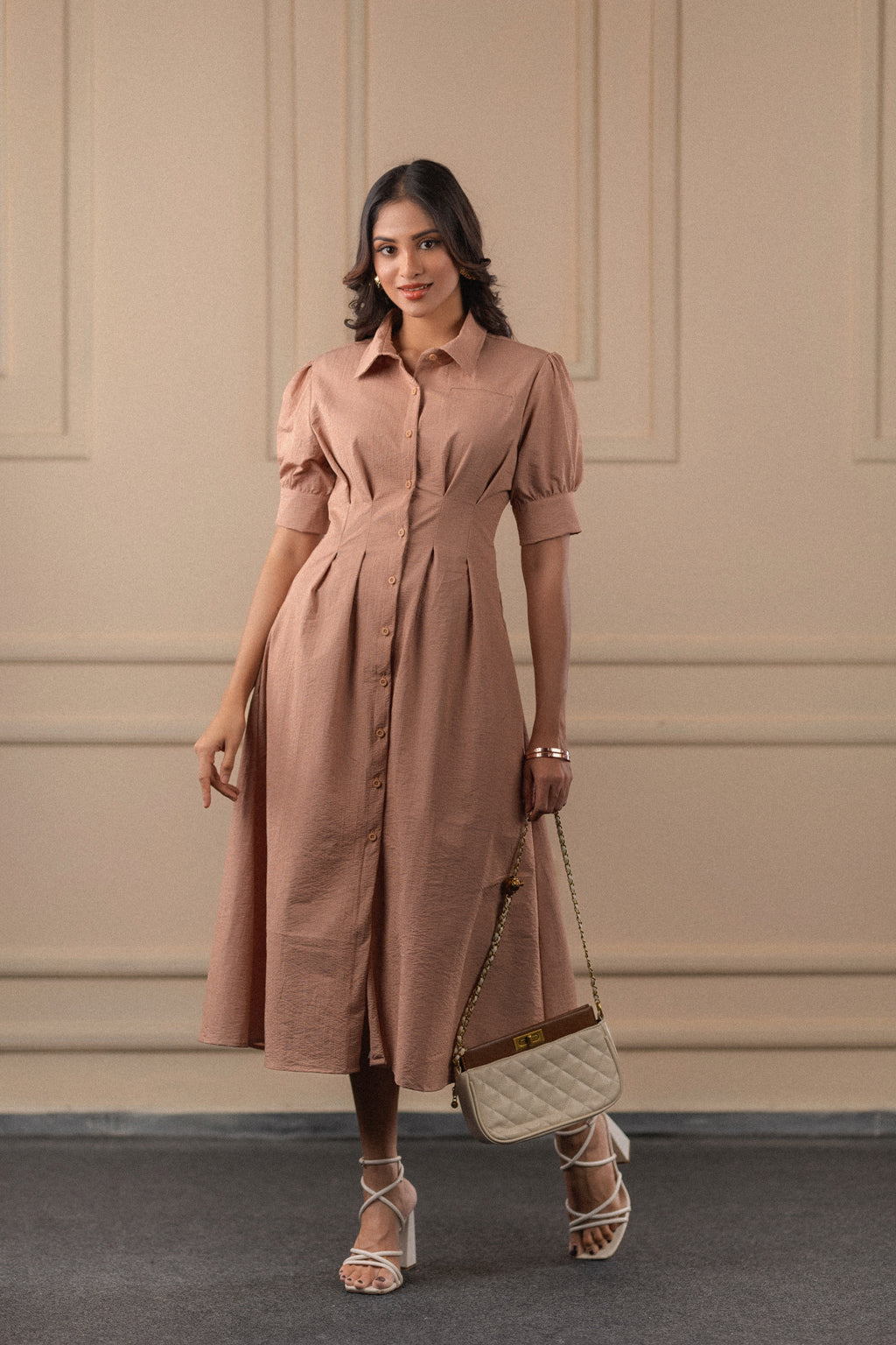 Puff-Sleeved Midi Shirt Dress