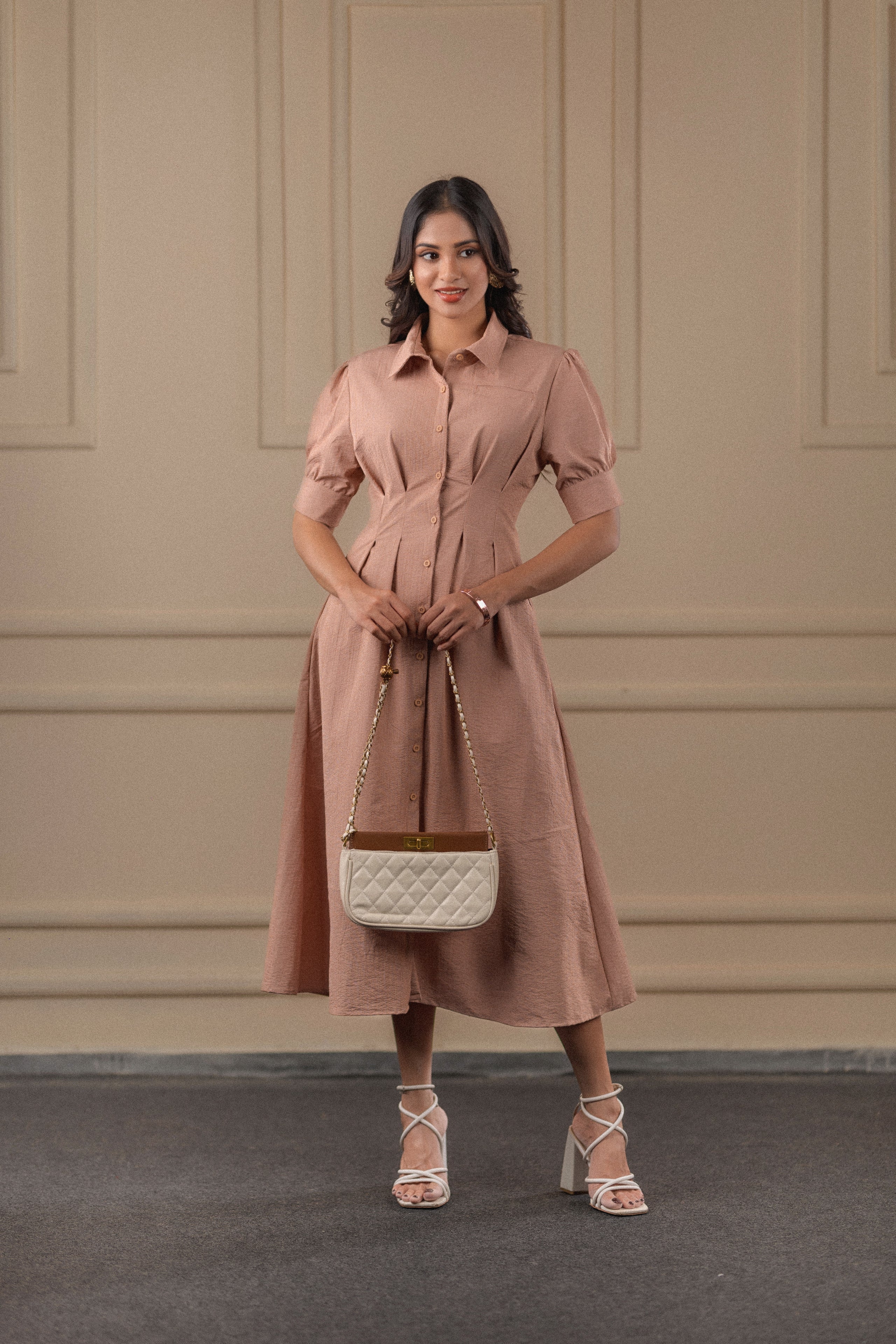 Puff-Sleeved Midi Shirt Dress