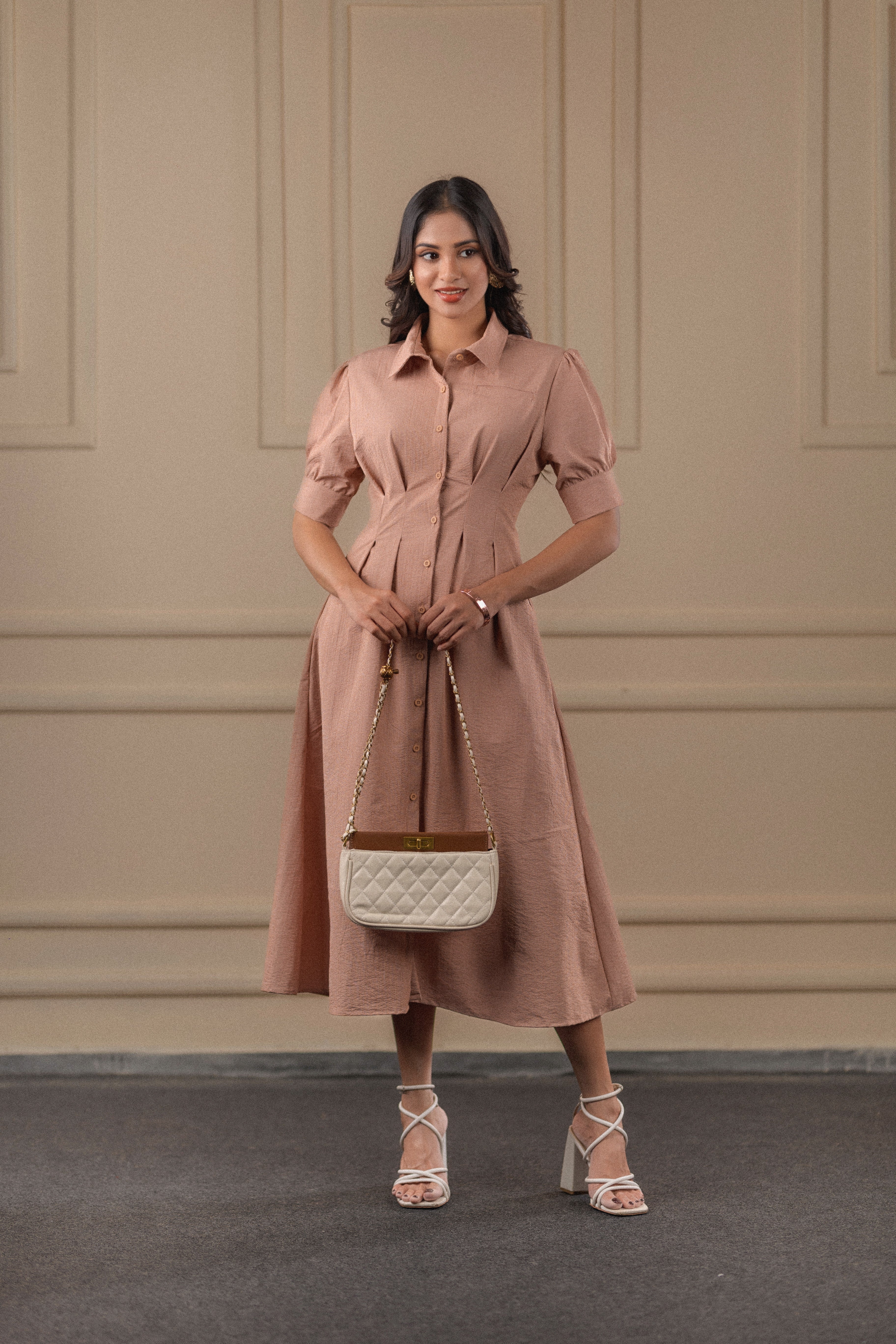 Puff-Sleeved Midi Shirt Dress