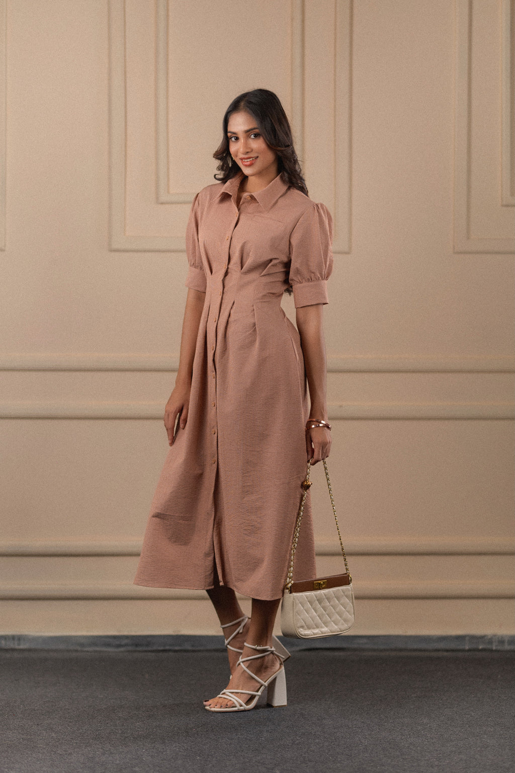 Puff-Sleeved Midi Shirt Dress