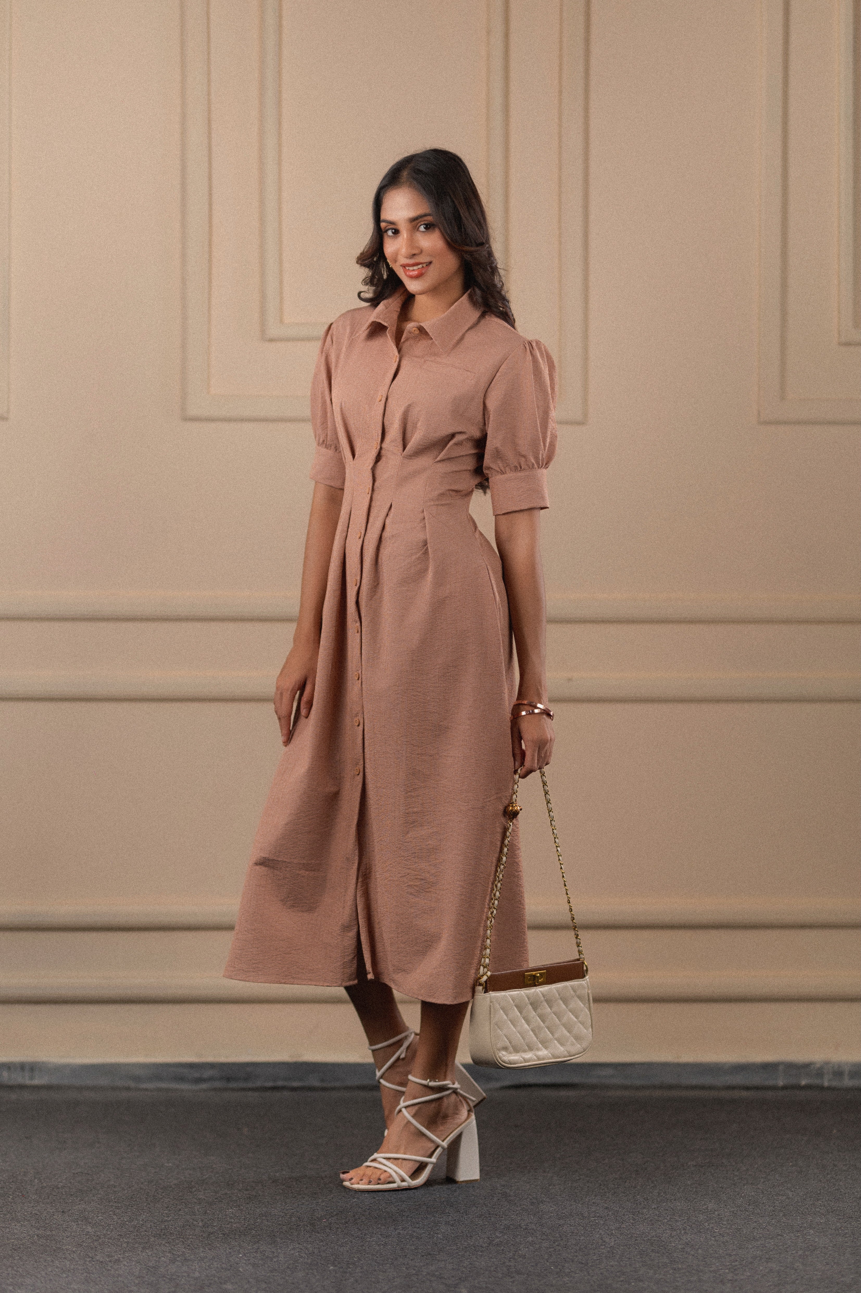 Puff-Sleeved Midi Shirt Dress