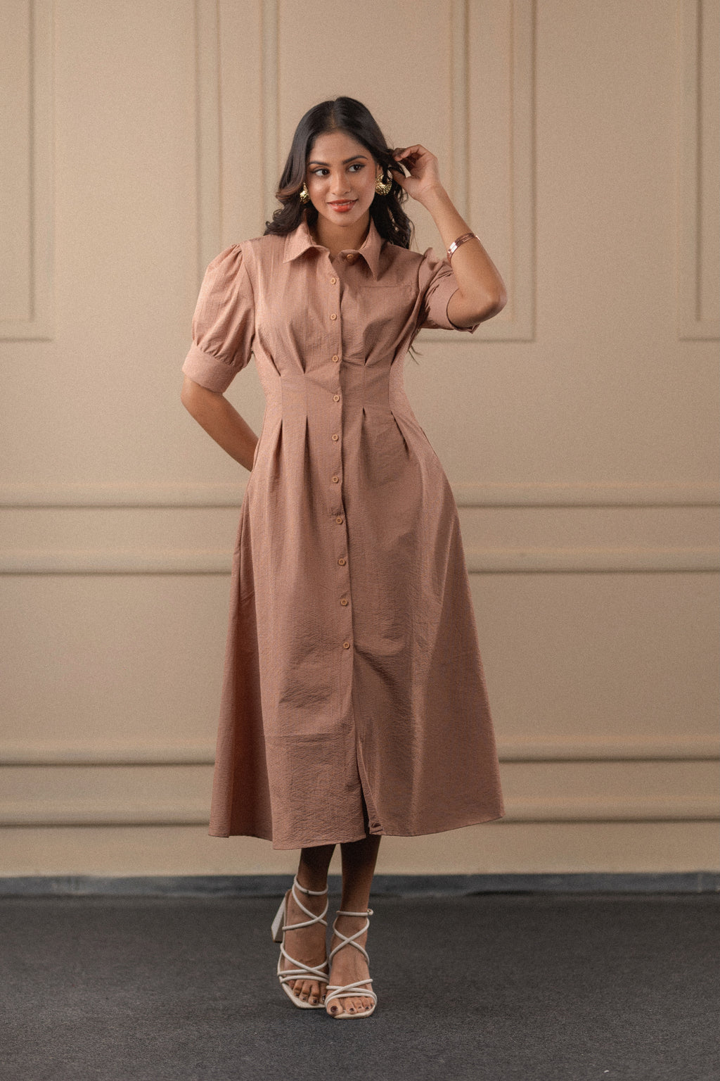 Puff-Sleeved Midi Shirt Dress