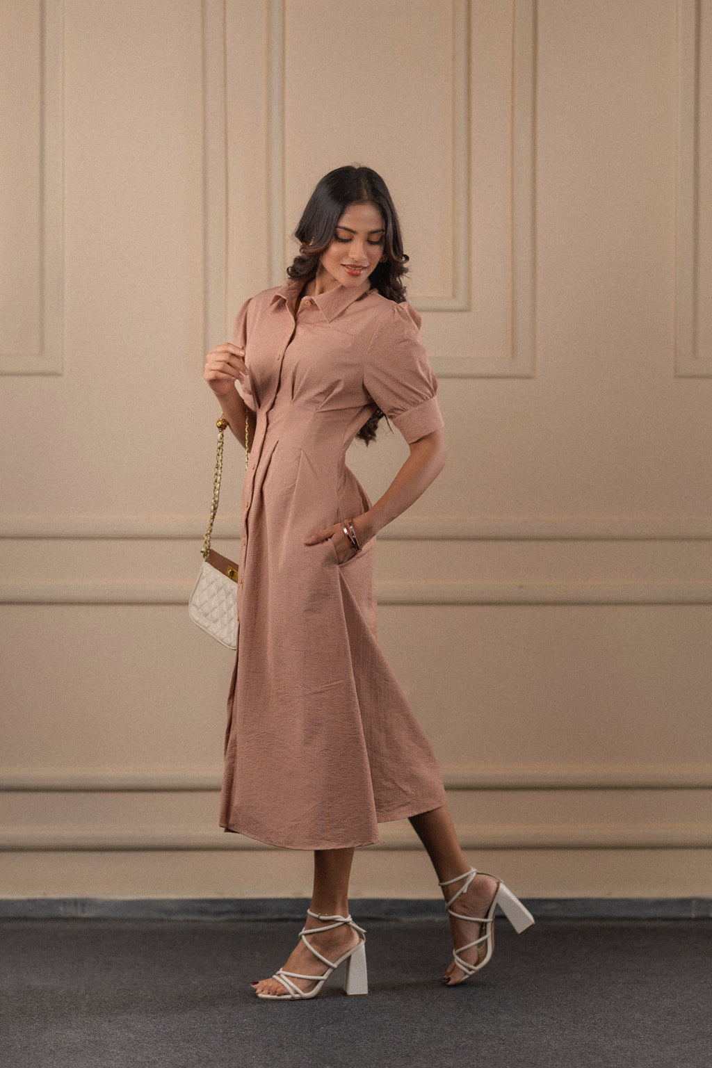 Puff-Sleeved Midi Shirt Dress
