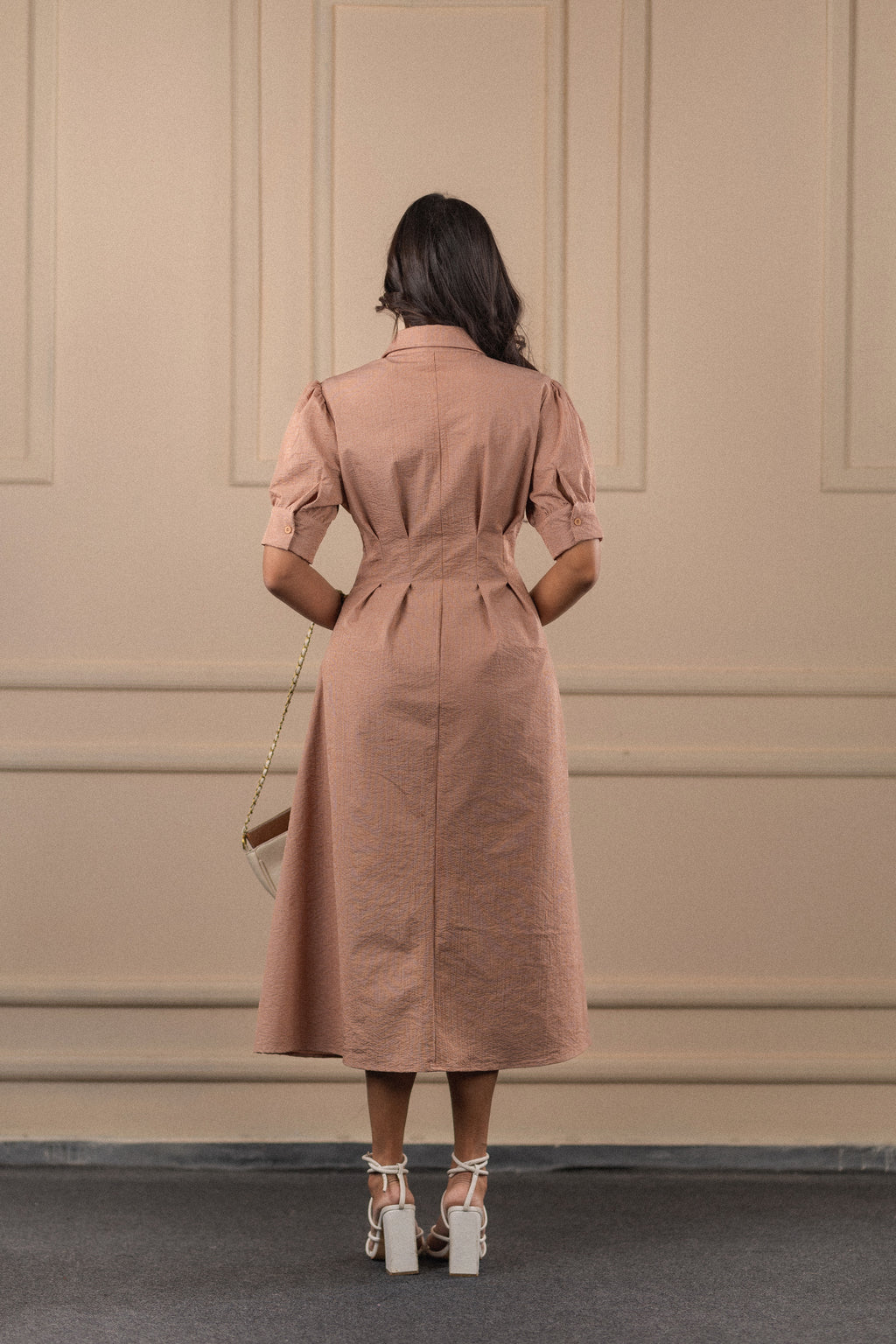 Puff-Sleeved Midi Shirt Dress